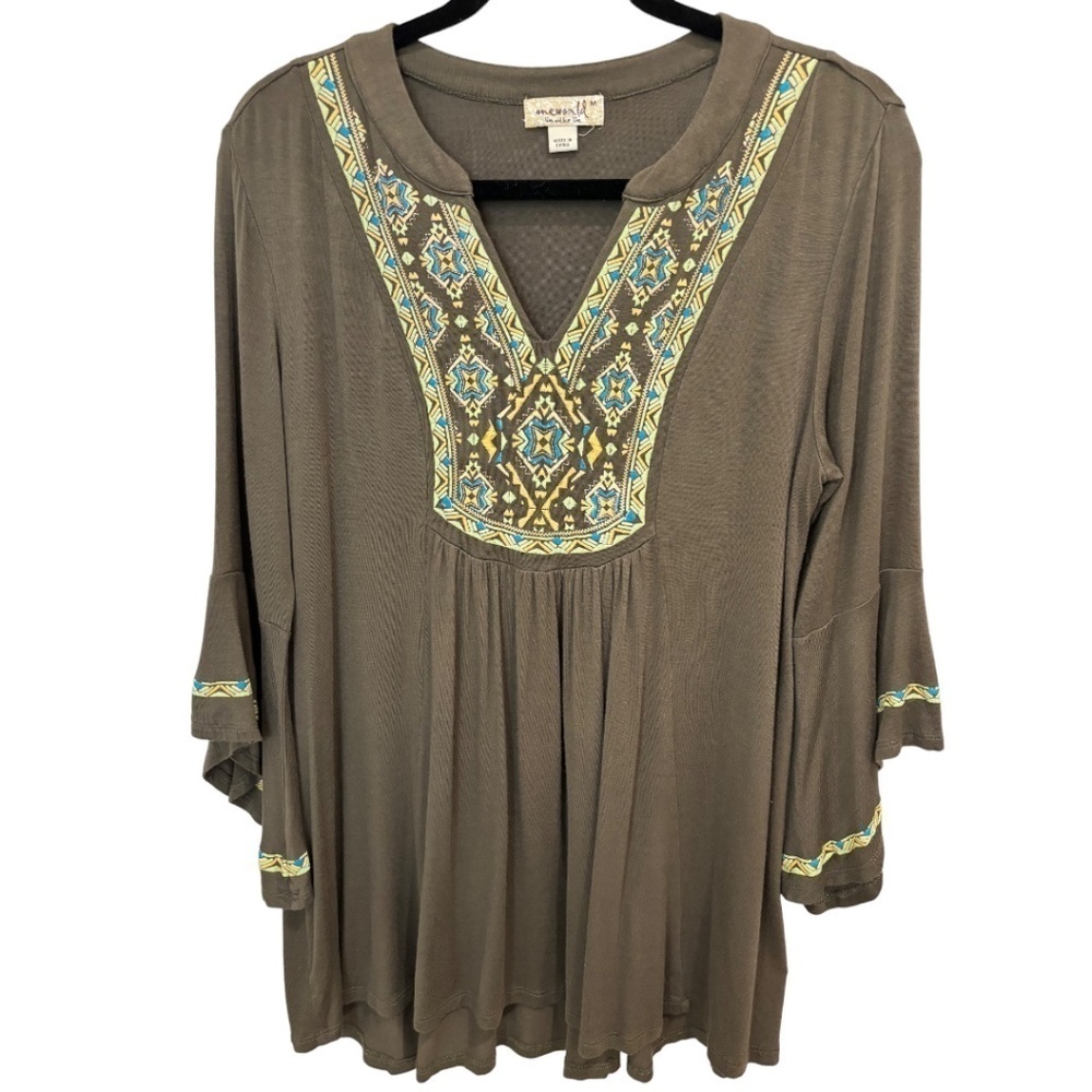 ONE WORLD Olive Green Embroidered Very Soft Knit BoHo Top Size Medium